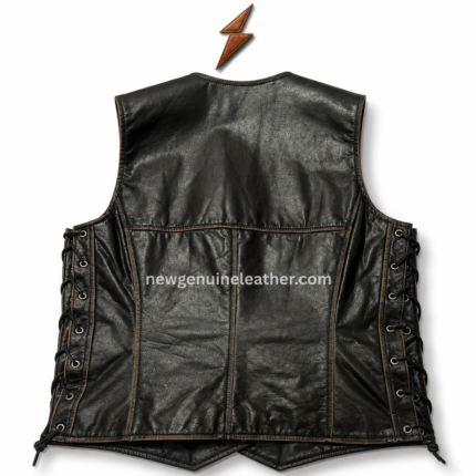 Black lace up leather vest with V-neck front, metal snap buttons, vertical slit pockets, side laces, and NGL