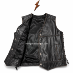 Open black lace up leather vest showing smooth black inner lining, metal snaps, stitched leather panels, and side lacing.