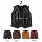 Back view of black lace up leather vest with stitched leather panels, side eyelets, black laces, and pointed lower hem.