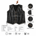Product specs image for black lace up leather vest with metal snap front, side lace-up panels, slit pockets, and contrast piping.