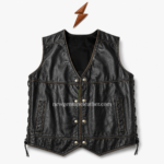 Black lace up leather vest displayed with black, brown, tan, and burgundy color options on a white studio background.