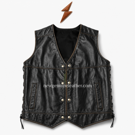 Black lace up leather vest displayed with black, brown, tan, and burgundy color options on a white studio background.