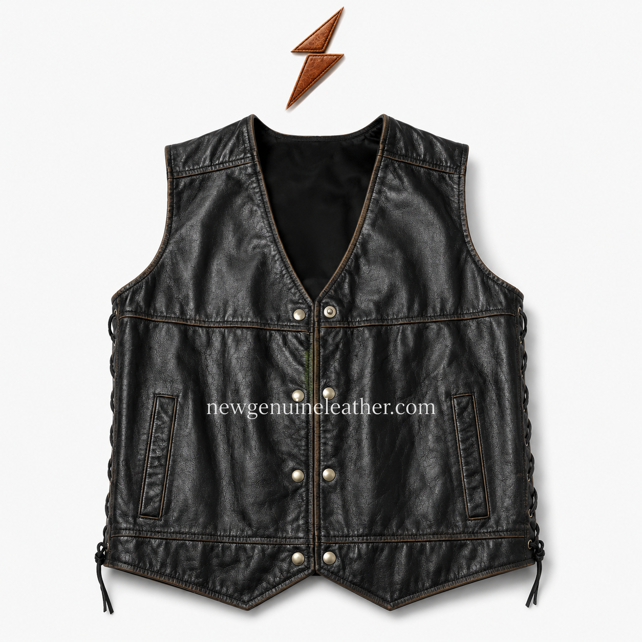 Black Lace Up Leather Vest Product Specs Black lace up leather vest displayed with black, brown, tan, and burgundy color options on a white studio background.