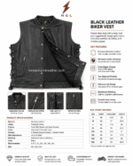 Black lace-up side leather biker vest wholesale front view with mandarin collar, zipper pockets and NGL