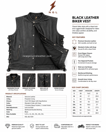 Black lace-up side leather biker vest wholesale front view with mandarin collar, zipper pockets and NGL