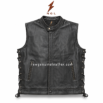Black lace-up side leather biker vest wholesale design showing metal eyelets, side cords and smooth black leather