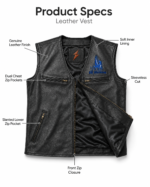 Black biker leather vest manufacturer catalog image with sleeveless cut and slanted zipper pockets