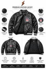 Custom bomber jacket in glossy black leather with chest patch, shirt collar, white-striped rib cuffs, and NGL