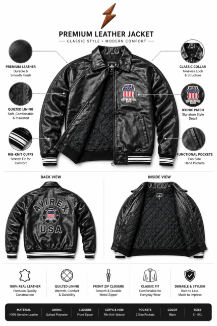 Custom bomber jacket in glossy black leather with chest patch, shirt collar, white-striped rib cuffs, and NGL