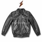 Black leather bomber jacket with front zipper, point collar, angled flap pockets, and NGL