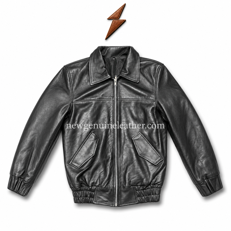Black leather bomber jacket with front zipper, point collar, angled flap pockets, and NGL