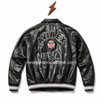 Custom bomber jacket back view with large appliqué lettering, central emblem, black leather finish, and striped ribbed hem
