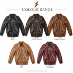Black leather bomber jacket with quilted inner lining, metal zipper, and elastic waistband
