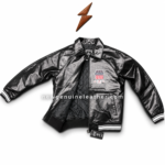 Custom bomber jacket product specs layout with collar, chest patch, side pocket, quilted lining, cuffs, and back logo detail