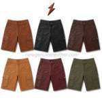 Brown leather cargo shorts wholesale design with front pockets, side cargo flap pockets, belt loops, and textured leather finish