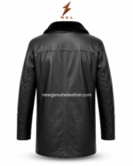 Black leather coat with plush black collar, long body, front zipper, stitched panels, utility pockets, and NGL