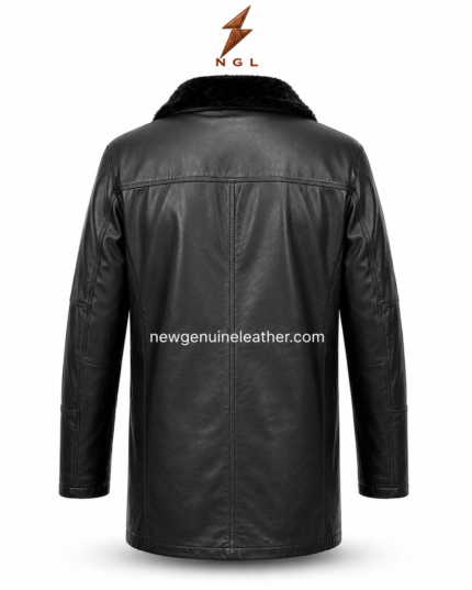 Black leather coat with plush black collar, long body, front zipper, stitched panels, utility pockets, and NGL
