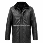 Black leather coat shown open with smooth inner lining, front zipper, plush collar, long body length, and stitched leather panels.