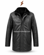 Black leather coat shown open with smooth inner lining, front zipper, plush collar, long body length, and stitched leather panels.