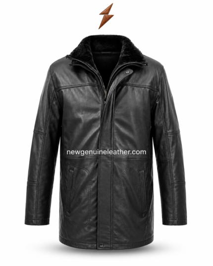 Black leather coat shown open with smooth inner lining, front zipper, plush collar, long body length, and stitched leather panels.