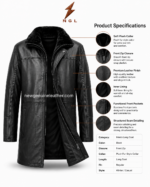 Black leather coat back pose with long clean back panel, center seam, plush collar, structured sleeve stitching