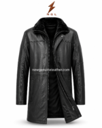 Black leather coat detail showing plush fur-style collar, leather grain, metal zipper, protective placket, and structured seam stitching.