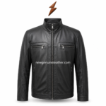 Black leather jacket with stand collar, front zipper closure, 4 zipper pockets, snap button cuffs, and NGL