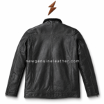 Black shearling collar leather jacket with front zipper, textured collar, two side zip pockets and NGL