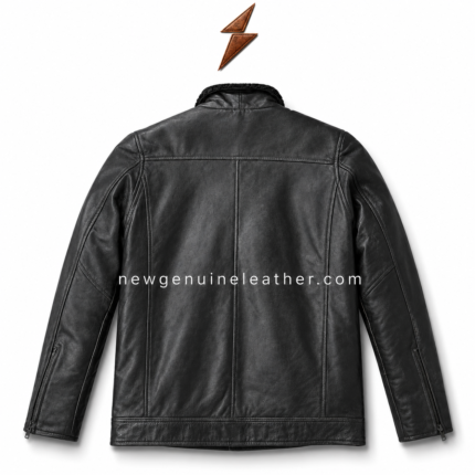 Black shearling collar leather jacket with front zipper, textured collar, two side zip pockets and NGL