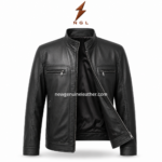 Black leather jacket with smooth leather texture, two chest zip pockets, two side zip pockets, and centered