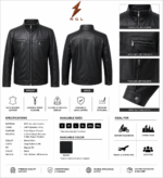 Back view of black leather jacket with stand collar, center back seam, yoke stitching, straight hem, and snap