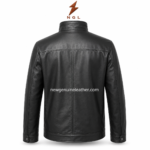 Product specs image of black leather jacket showing front and back views, stand collar, chest pockets, side pockets, and snap cuffs.