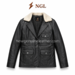 Black sherpa collar leather jacket with cream collar, flap pockets, stitched panels, and NGL