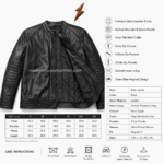 Black quilted biker leather jacket featuring horizontal ribbed sleeve panels, front zipper closure, and four zip pockets.