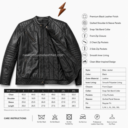 Black quilted biker leather jacket featuring horizontal ribbed sleeve panels, front zipper closure, and four zip pockets.