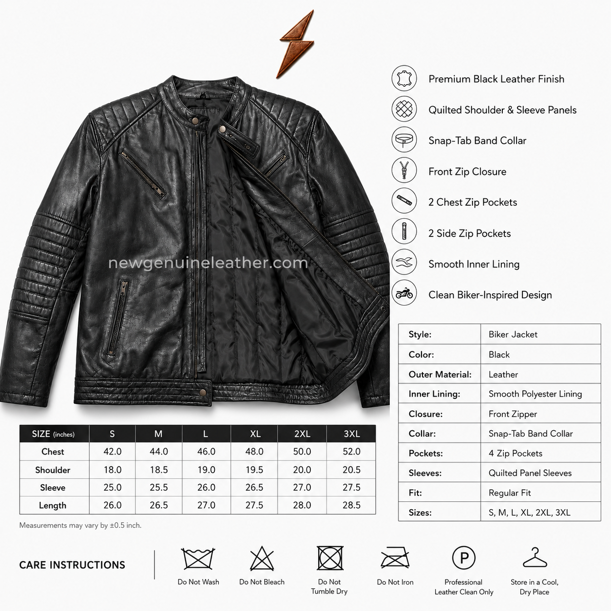 Black Leather Jacket with Quilted Sleeve Panels Black quilted biker leather jacket featuring horizontal ribbed sleeve panels, front zipper closure, and four zip pockets.