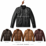 Black leather military jacket open view with quilted lining, buckle collar, front zip closure and NGL logo above