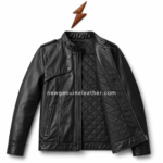 Black leather military jacket with buckle collar, shoulder epaulettes, 4 button chest detail, front zipper and NGL