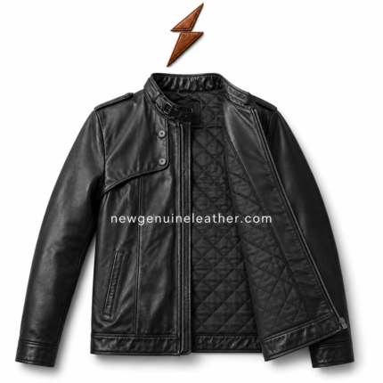 Black leather military jacket with buckle collar, shoulder epaulettes, 4 button chest detail, front zipper and NGL