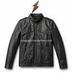 Black leather military jacket front view with high buckle collar, center zipper, side pockets and centered