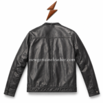 Black leather military jacket with shoulder epaulettes, decorative button tabs, polished leather surface and side hand pockets