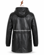 Black leather parka with attached hood, silver front zipper, waist drawcords, slanted zipper pockets, elastic cuffs,
