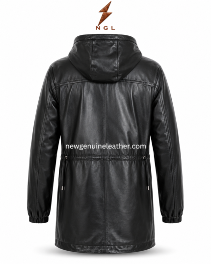 Black leather parka with attached hood, silver front zipper, waist drawcords, slanted zipper pockets, elastic cuffs,