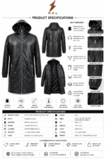 Black leather parka back pose with attached hood, center back seam, waist drawcord line, long body, and smooth black leather finish.