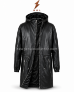 Black leather parka shown open with smooth black inner lining, full zipper closure, attached hood, and long coat silhouette.