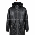 Black leather parka detail showing adjustable hood, metal drawcord hardware, silver zipper, leather surface, and waist toggles.