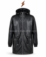 Black leather parka detail showing adjustable hood, metal drawcord hardware, silver zipper, leather surface, and waist toggles.