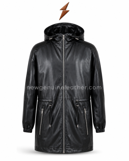 Black leather parka detail showing adjustable hood, metal drawcord hardware, silver zipper, leather surface, and waist toggles.