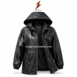 Leather parka jacket in black with attached hood, shiny leather texture, elastic cuffs, and centered