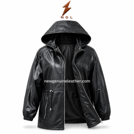 Leather parka jacket in black with attached hood, shiny leather texture, elastic cuffs, and centered
